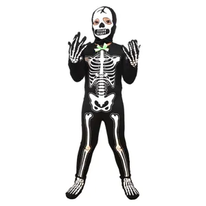 Vista dettagliata del costume da scheletro nero per bambini con motivo osseo luminoso.