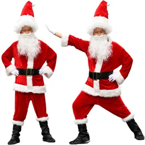 Conjunto de disfraz de Papá Noel de terciopelo rojo para hombre adulto con chaqueta pantalón.