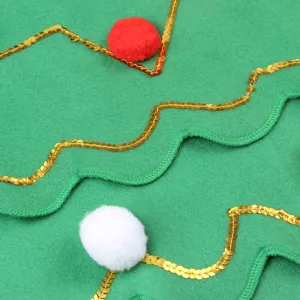 Close-up detail shot of green Christmas costume fabric featuring gold sequins and fluffy pom-poms.