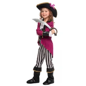 Kids pirate costume set with purple jacket striped pants hat and toy sword for Halloween party.