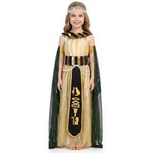 Kids Egyptian Pharaoh costume detail showing gold dress, headdress, cape and sash for party.