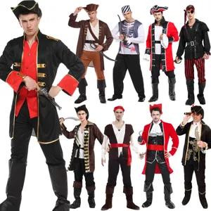 Halloween pirate costume detail showing various styles, captain outfits for men party.