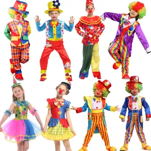 Kids Halloween Cosplay Clown Costume Unisex Colorful Polka Dot Striped Outfit Party Stage Performance Clothes