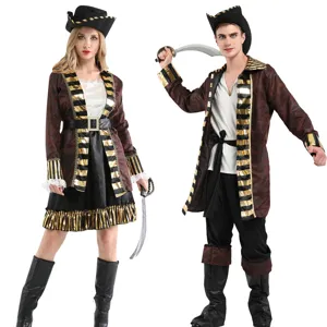 Halloween adult pirate costume detail view showing striped coat and accessories for party.