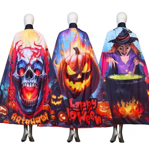 Halloween witch pumpkin skull print cloak party costume spooky holiday cape apparel design.