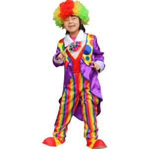 Details of the kids clown costume showing vibrant rainbow wig, striped pants and colorful jacket.