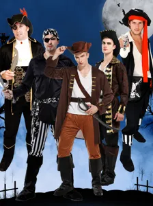 Men Halloween Pirate Captain Costume Set Striped Top Pants Headband Cosplay Party Outfit Performance Clothing