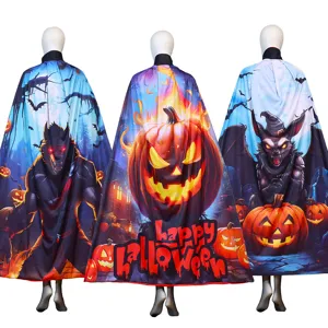 Halloween cape detail, werewolf pumpkin bat print design, festive party costume garment.
