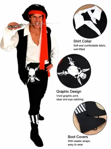 Halloween adult men pirate costume set with shirt vest pants headscarf and boot covers.
