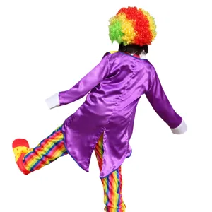 Details of the colorful kids clown costume showing vibrant rainbow striped pants and wig.