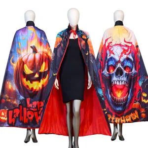 Halloween cape detail featuring vibrant pumpkin and skull prints with high collar design.