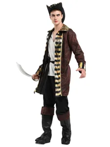 Adult men's Halloween pirate captain costume set with hat coat pants and prop sword for party