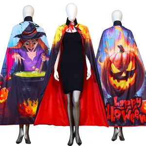 Halloween cape detail showcasing vibrant witch and pumpkin prints on premium costume fabric.
