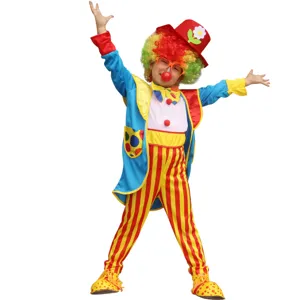 Kinderen clown kostuum set met kleurrijke pruik, gestreepte broek en muts voor feest.