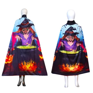 Halloween witch pumpkin printed cape detail view for festive party costume apparel.