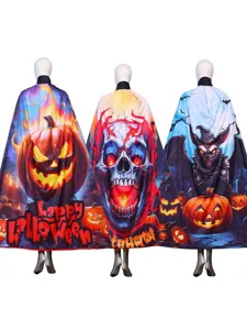 Halloween Printed Cloak Pumpkin Skull Bat Costume Hooded Cape Festival Party Cosplay Apparel Polyester