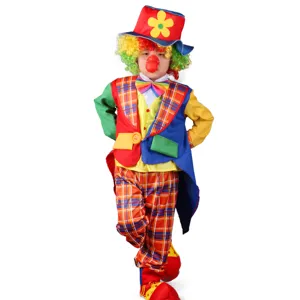 Kids Halloween clown costume set with colorful jacket, plaid pants, wig and hat for party.