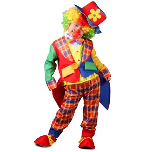 Kids clown costume for Halloween party performance, colorful circus outfit with wig and hat.