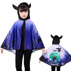 Capa de disfraz de diablo de Halloween para niños con capucha y cuernos, azul fiesta.