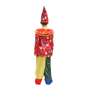 Children's clown costume detail showing colorful polka dot top and matching trousers.
