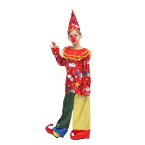 Kids clown costume detail with colorful polka dots, matching hat, and fun holiday party design.