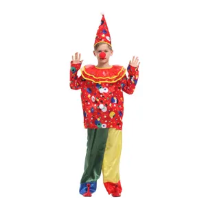 Children Halloween clown costume set, colorful polka dot top and matching pants for party show.
