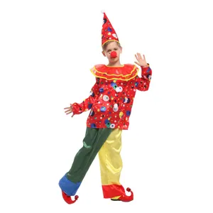Kids clown costume details for Halloween party masquerade performance, colorful polka dot top.