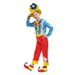Children halloween clown costume performance outfit set with colorful hat and shoes for boys girls.