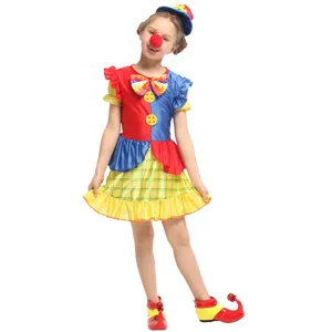 Detailed view of kids clown costume, colorful dress with matching hat and shoes.