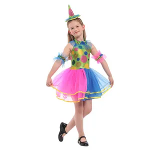 Kids Halloween colorful clown costume dress with cute hat and cuffs for cosplay party performance.