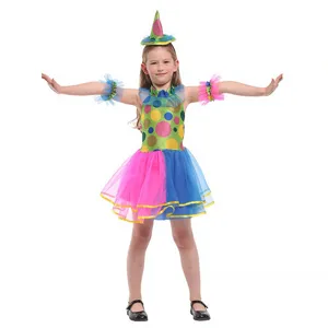 Kids Halloween clown costume set with colorful dress, cute hat and cuffs for party show.