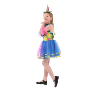Kids Halloween clown costume with colorful polka dot dress, tutu skirt, and matching cone hat.
