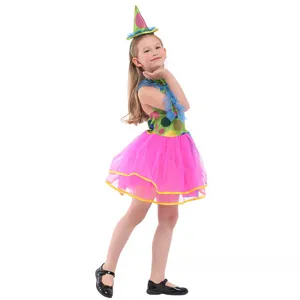 Children clown costume detail showcasing vibrant polka dot top and fluffy pink tutu skirt.