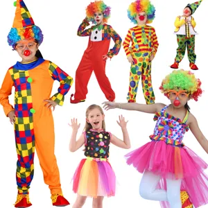 Kids Halloween clown costume set, colorful party cosplay jumpsuit and dress with wig and props.