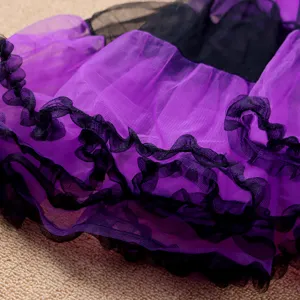 Halloween heksen kostuum detail, paarse en zwarte gelaagde tule tutu rok voor kinderen.