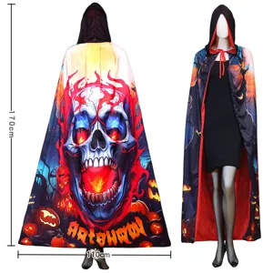 Halloween hooded cloak cape with spooky skull and pumpkin print for party costume dress up.
