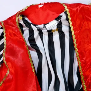 Children pirate costume detail view showing red vest, black white striped top gold trim.
