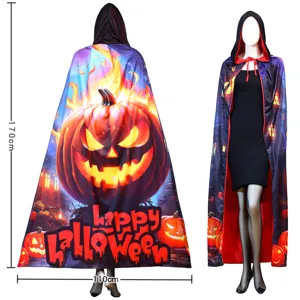 Halloween pumpkin print hooded cloak cape party cosplay costume black red festival 170cm