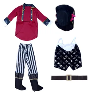 Detailed view of kids children Halloween pirate costume set including red coat, hat, and pants.