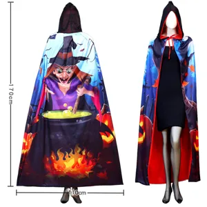Halloween Witch Printed Hooded Cloak Cosplay Party Costume Festival Long Cape Apparel
