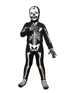 Bambini Halloween Costume Scheletro Luminoso Set Nero Manica Lunga Bodysuit Con Cappuccio E Guanti Festa Travestimento