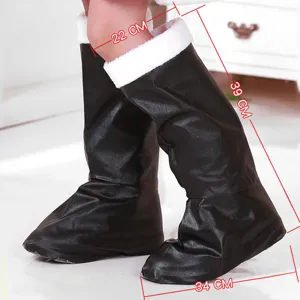 Black Santa boots with white faux fur trim for Christmas costume holiday party display main view.