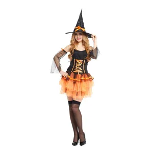 Sexy adult Halloween witch costume set, includes dress, hat, and sleeves. Ideal for parties.