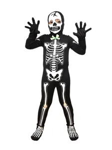 Costume Scheletro Halloween Bambino Nero Tuta Spaventoso Vestito Cosplay per Festa