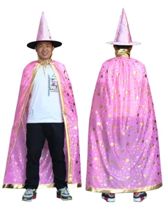 Ροζ κάπα μάγου Halloween για ενήλικες με ασορτί μυτερό καπέλο μάγισσας για πάρτι.