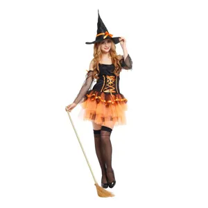 Details of adult sexy Halloween witch costume set, black hat, dress and broom prop.