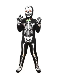 Costume tuta scheletro nero di Halloween per bambini con cappuccio e guanti per festa