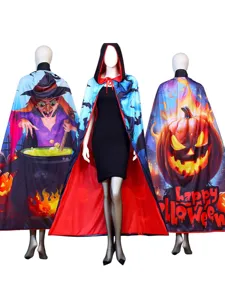 Halloween Pumpkin Witch Bat Print Hooded Cape Cloak Party Cosplay Costume For Kids