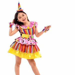 Kinder Halloween bunte Clown Kostüm Set mit Kleid, Hut, Gürtel und Armbändern für Mädchen.