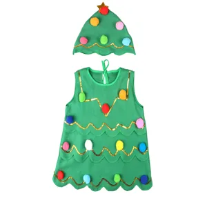 Kids Christmas tree costume set, cute holiday party dress and matching hat for children